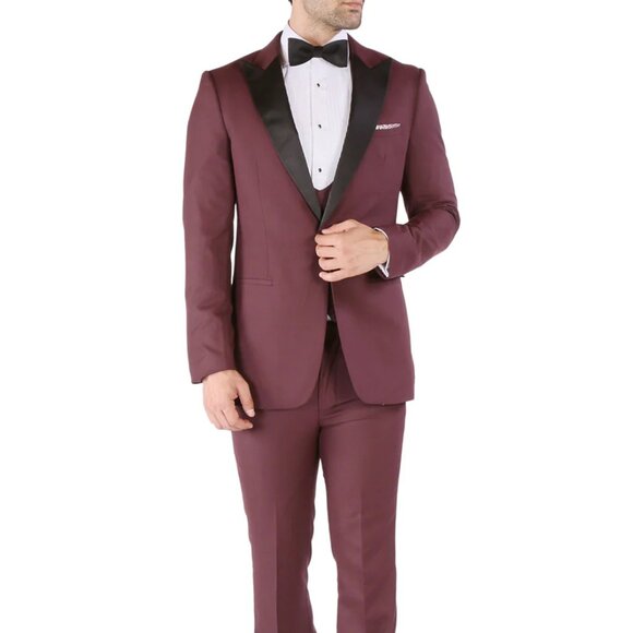 Mens Vested Slim Fit Peak Tuxedo in Burgundy